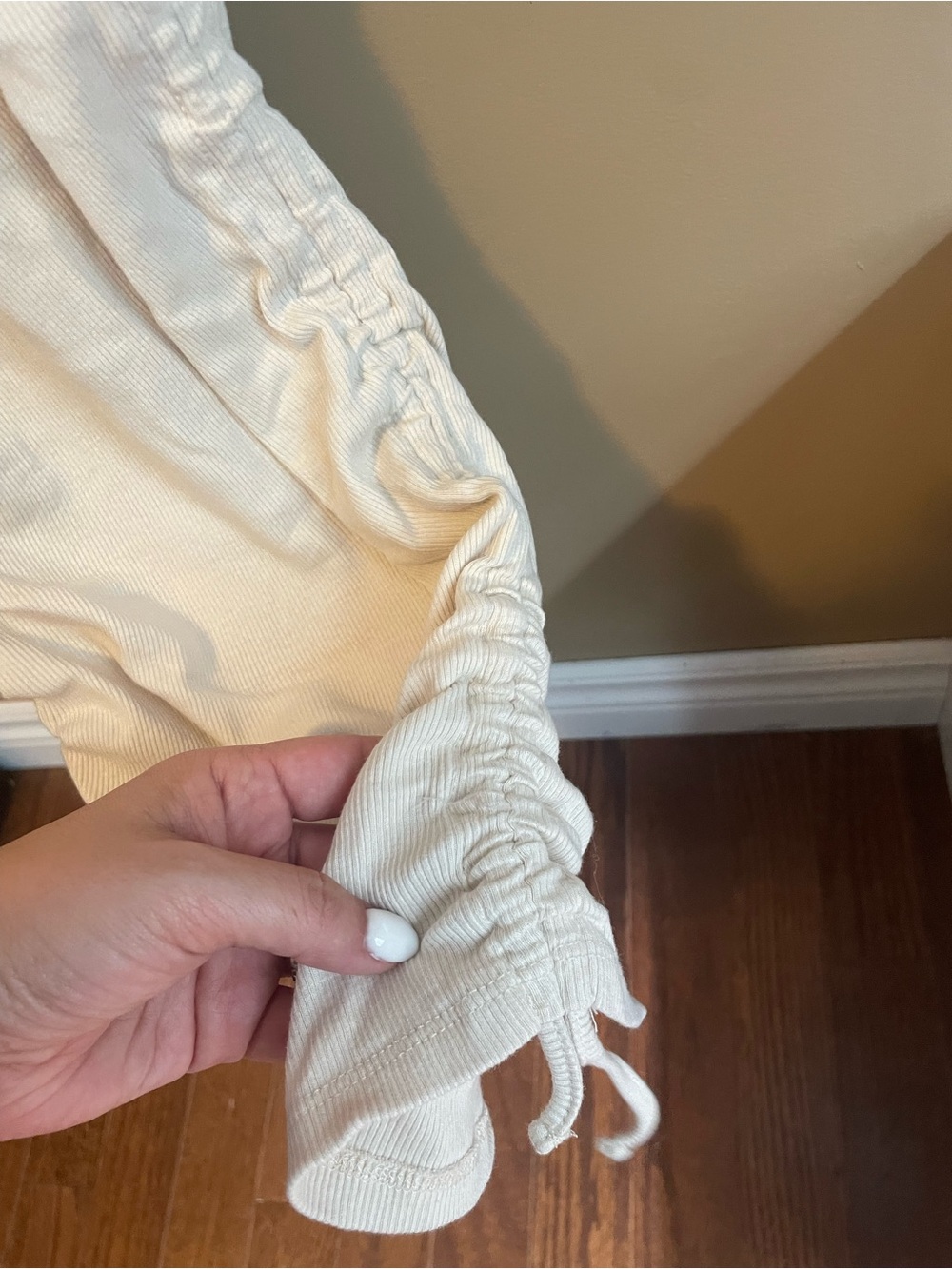 Cream Ribbed Short Sleeve Ruched Midi Dress - Picture 4 of 4